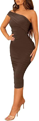 One Shoulder Ruched Bodycon Midi Dress